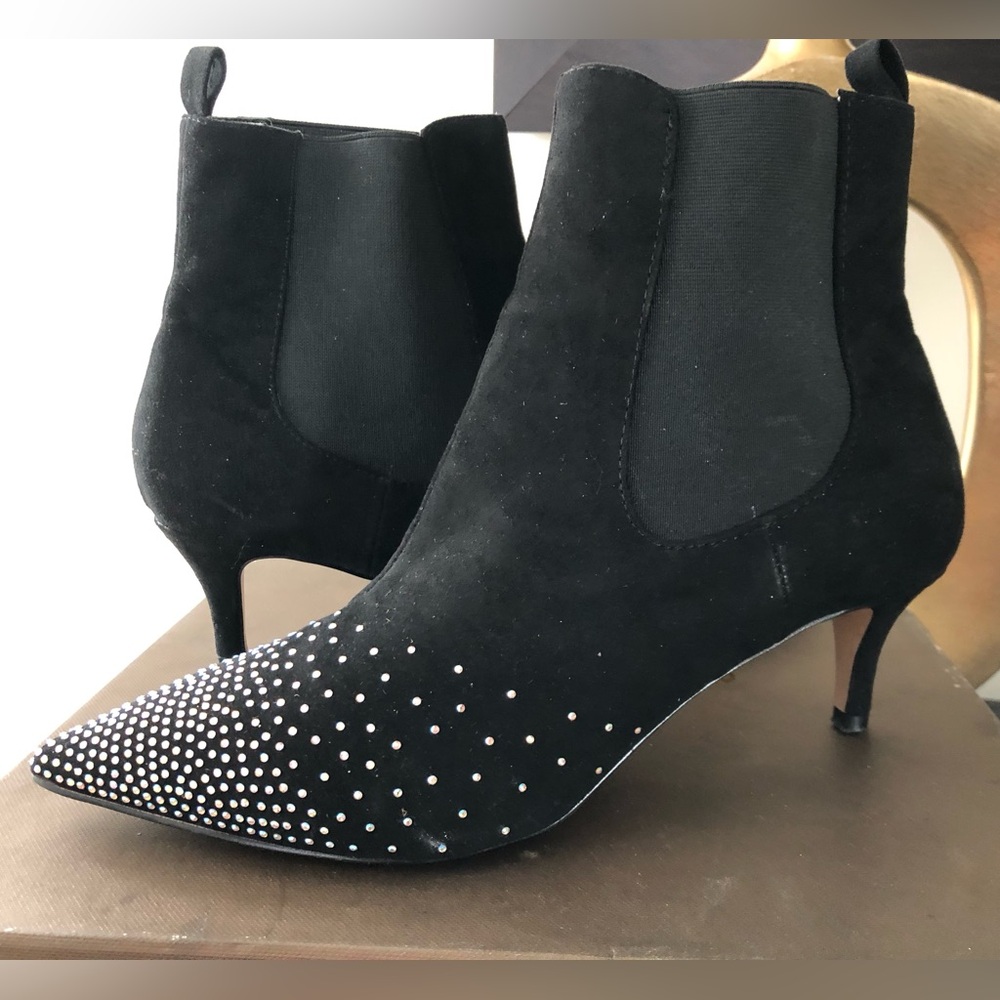 Elegant Black Suede Ankle Boots with Rhinestone Detailing